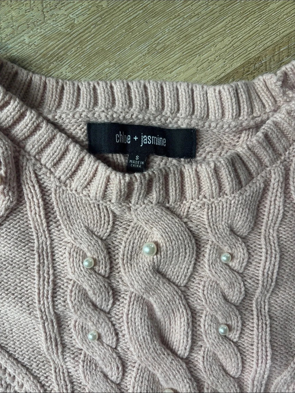 Women's Pink Cable Knit Sweater with Pearl Accents